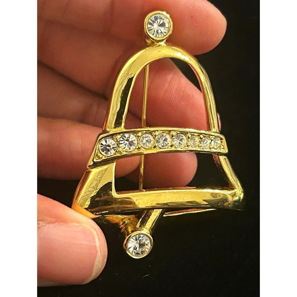 Napier Gold Tone Bell Brooch Pin Metal Clear Round Crystal Rhinestones Christmas